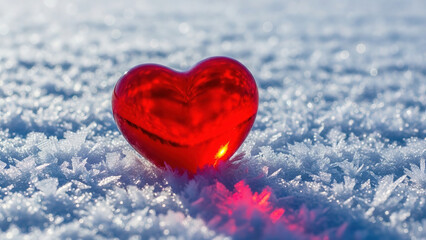 Fototapeta premium Red heart shaped crystal gemstone lying on frozen snow crystals with cold winter bokeh background representing warm love in winter season and valentines day romance in frosty nature outdoors