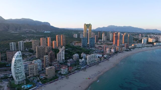 Panoramic view from a drone of the city of Benidorm, the city beach located on the Mediterranean Sea, Spain