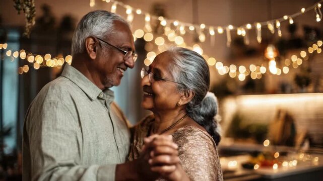 An elderly Indian couple dances slowly in a modern kitchen decorated with garlands, the warm glow. The family spends time together at home, sharing affection