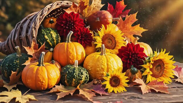 A woven cornucopia overflows with a rich assortment of seasonal produce including vibrant pumpkins gourds and cheerful sunflowers set against a backdrop of warm autumn foliage.