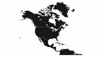 North and south america map in black silhouette on white background