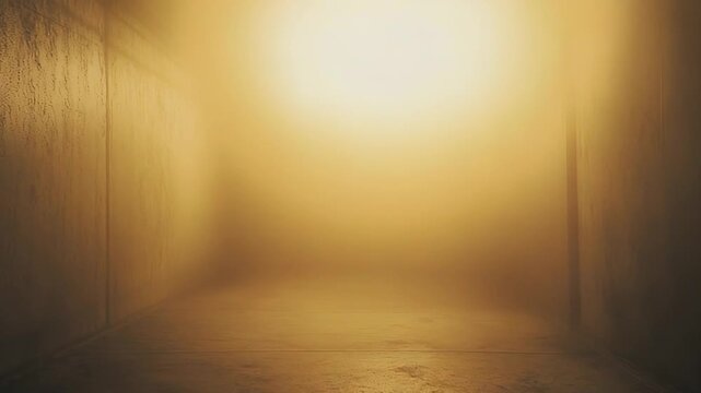 Empty concrete tunnel stretching into distance, illuminated by a glowing yellow light source at its end, creating a mysterious and atmospheric scene with floating dust particles