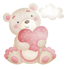Fototapeta premium Bear with heart and cloud, watercolor style, valentine concept, isolated on transparent background