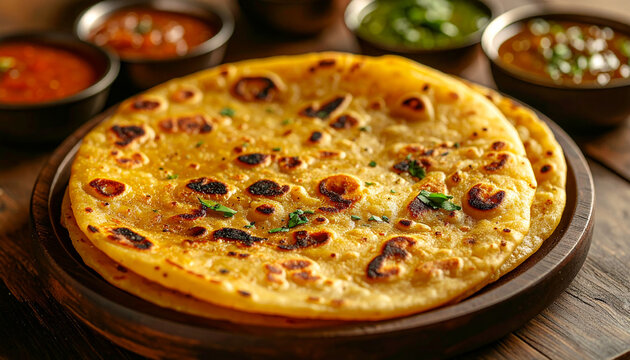 Golden aloo paratha with visible potato filling with chutneys and sauces on wooden table, Indian snack