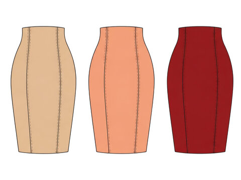 Three pencil skirts in varying colors isolated on transparent background