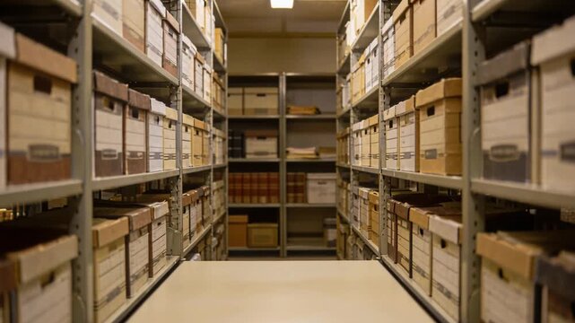 Archive box storage shelving document records room aisle of cardboard file boxes metal shelves conveying organized historic