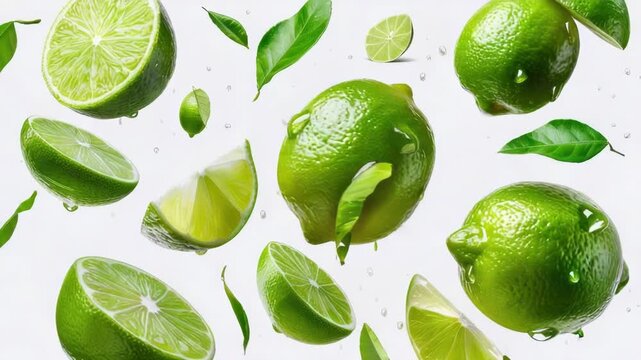 Video Fresh limes with leaves and dewy water droplets, ideal for food graphy or still life compositions
