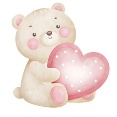 Cute watercolor teddy bear holding polka dot heart, valentine day, love, birthday, baby shower