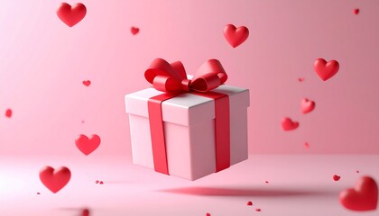 Floating Gift Box with Red Ribbon and Soft Pink Background love