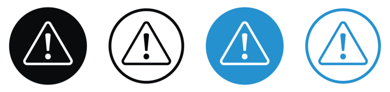 Warning and alert exclamation point icons. Black and blue circular buttons with triangular danger symbols for safety notices, system errors, and critical notifications. Vector UI.