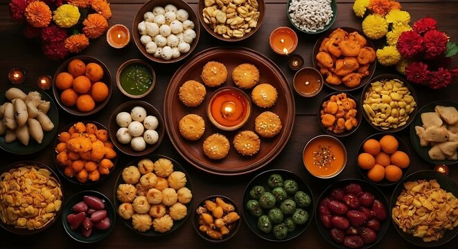 A lavish and colorful display of traditional indian festive sweets and savory snacks with diyas and marigolds
