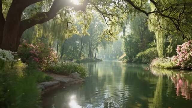  Tranquil Waters and Verdant Haven: A serene river winds through a lush, verdant landscape, embraced by towering trees and delicate blossoms. A scene of peace and natural beauty