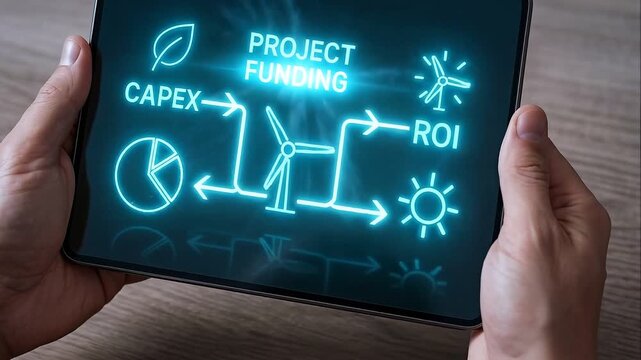 Project funding capex roi and investment analysis for renewable energy, sustainability, financial planning, and business growth with digital tablet, green technology, clean energy, eco friendly
