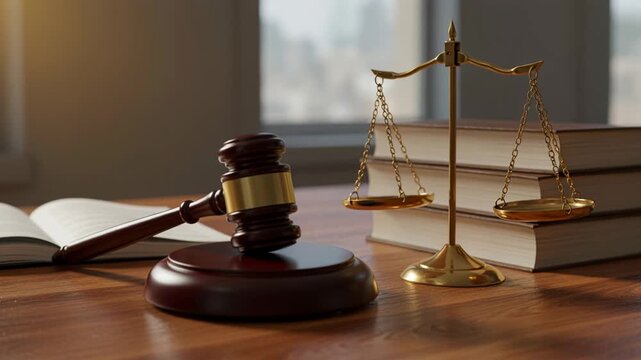 Wooden gavel brass scale law justice court courtroom legal decision making on books open pages warm light mood professional calm