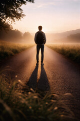 Person standing on empty road at sunrise for journey, motivation, and life direction concept design