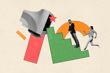 Trendy art creative full zine photo collage of happy businessman businesswoman run ladder career...