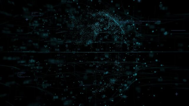Futuristic data visualization with dynamic blue particles on dark background show Global network connection with data flow