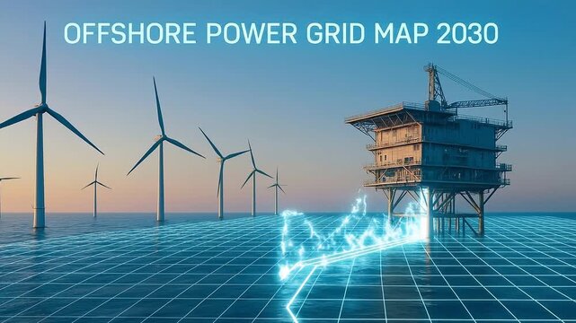 Offshore power grid map 2030 wind turbine ocean platform energy renewable technology infrastructure digital network blue sea sustainable clean environment innovation future electricity industry vision