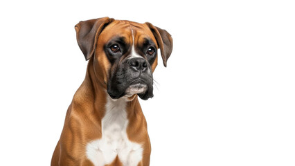 Fototapeta premium Brown and white Boxer dog headshot, attentive expression, isolated PNG with Transparent Background