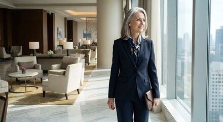Fototapeta premium Mature businesswoman smiling and looking out a large window in a luxurious hotel lobby with cityscape for future vision concept and professional success
