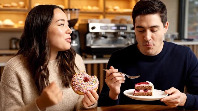 Couple enjoys desserts in a bakery a woman eating a donut and a man with cake