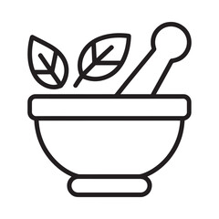 A simple line drawing depicts a mortar and pestle with leaves
