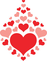 A cascade of red and pink hearts arranged in a diamond shape on a white background love romance
