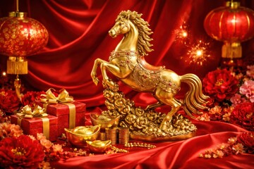 Fototapeta premium Golden horse figurine with red decorations and festive elements.