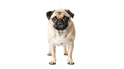Obraz premium Fawn pug dog with black mask standing and looking at camera, isolated PNG with Transparent Background