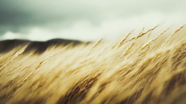 Golden field of dry grass swaying gently in the wind, creating a textured pattern against a blurred background and dramatic cloudy sky, depicting nature's wild beauty