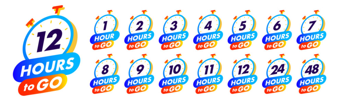 Countdown timer hours to go with clock badge collection 1,2,3,4,5,6,7,8,9,10,11,12 for promo offer, promotion, sale, social media post