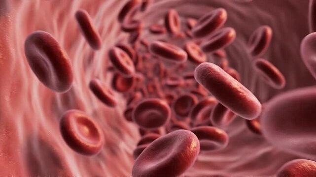 Microscopic rendering illustrates numerous biconcave red blood cells or erythrocytes flowing rapidly through a constricted artery or vein within the circulatory system network.