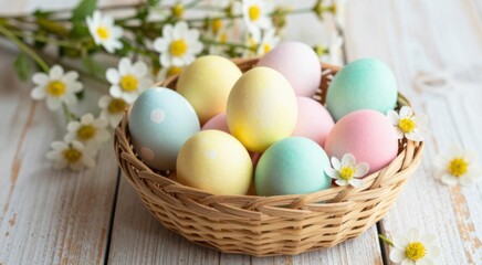 Colorful pastel Easter eggs in a woven basket surrounded by fresh flowers, perfect for spring celebrations, holiday decorating, and family gatherings