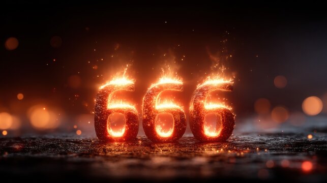 Illuminated burning numbers 666 in dark atmosphere, fiery glowing digits representing concepts of mystery, danger, and Halloween, perfect for thematic and graphic design projects
