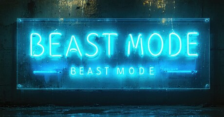 Obraz premium Bright neon sign displays Beast Mode. Dark background creates dramatic lighting effect. Modern, bold typography dominates image.