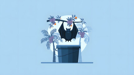 Obraz premium Fruit bat hanging from tropical branch above bucket at dusk with palm tree silhouette and soft moonlight, calm whimsical scene