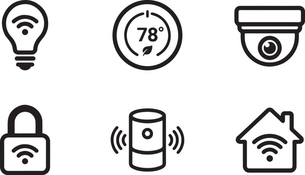 A set of black outline icons representing smart home technology and iot functionality Vector