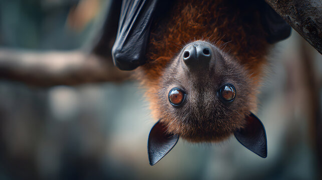 Close up fruit bat portrait hanging upside down with soft fur and reflective eyes, intimate wildlife mood