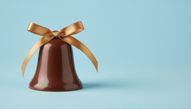 Chocolate bell with golden ribbon on blue background, studio shot