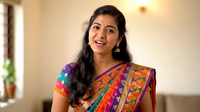 Woman wearing colorful sari smiles warmly