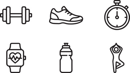 Fototapeta premium A collection of minimal line icons representing various elements of fitness and healthy lifestyle Vector