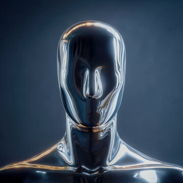 Reflective liquid-metal humanoid statue posed against dark background in sci-fi style