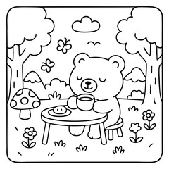 Naklejka premium A cute bear enjoys tea and cookies in a serene outdoor setting surrounded by trees, flowers, and butterflies.