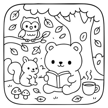 A cute bear reading a book under a tree, accompanied by a squirrel and an owl, surrounded by autumn leaves and mushrooms.