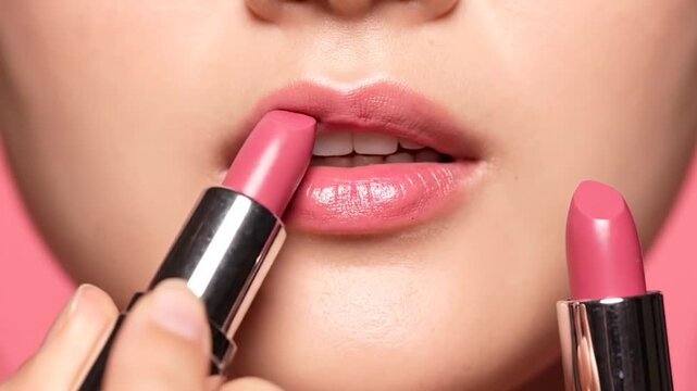 Close-up of a person applying pink lipstick to their lips with two lipsticks visible