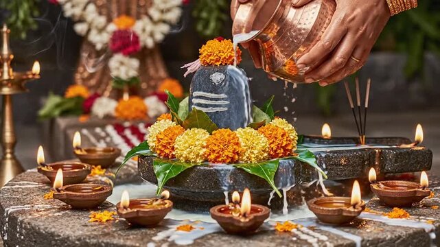 Traditional Hindu Ritual with Anointing and Offerings During Festival Celebrations