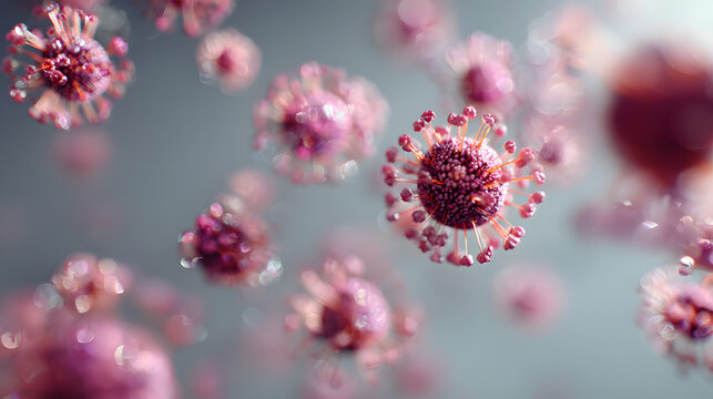 Pink viral particle macro render floating soft focus with bokeh, microscopic sphere with spike proteins, delicate reflective surface