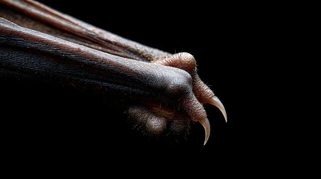 Macro wildlife detail of bat wing membrane and claw with textured skin and dramatic lighting conveying dark mood