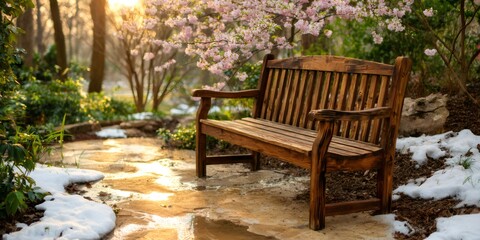 Obraz premium Wooden bench in spring garden with melting snow