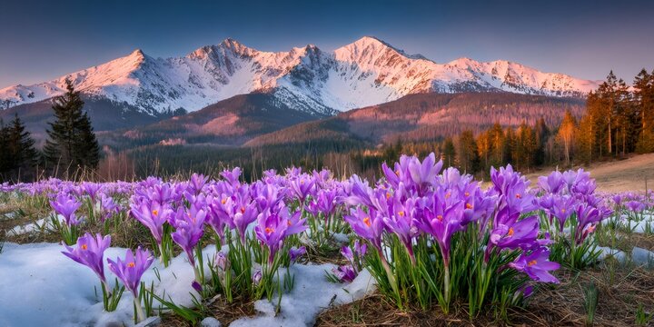 Purple crocus flowers blooming in snow with tatra mountains